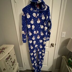 MACYS Family PJs Blue Snowmen Footed Onesie with Hood Women's Size Medium